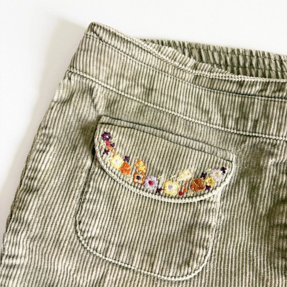 Gymboree Girls Y2K Vintage Olive Green Floral Embroidered Corduroy Pants Size 4T